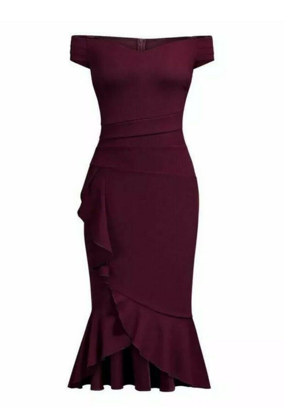 Knitee Off Shoulder V-Neck Ruffle Pleat Waist Bodycon Evening Cocktail Dress S